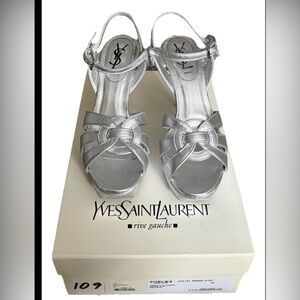 Yves Saint Laurent Silver Metallic Leather Tribute Stiletto Sandals Size 36/6